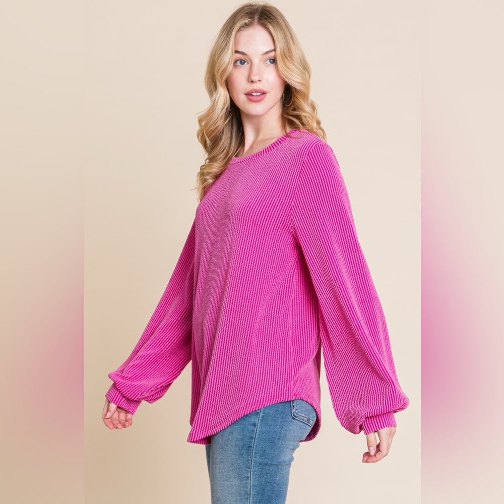 BOMBOM Long Sleeve Curved Hem Ribbed T-Shirt - Picture 3 of 4